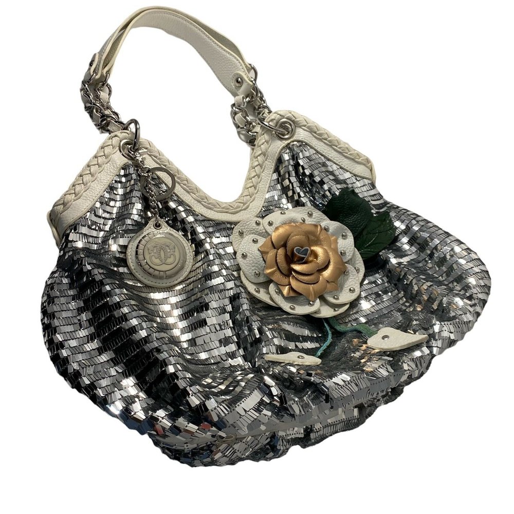 Sharif Handbag White & Silver Sequins Flower Purse Blingy - FLAWS